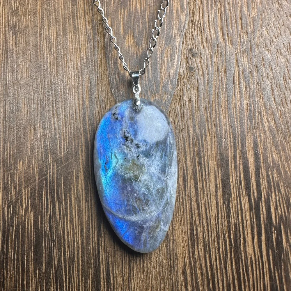 Labradorite Teardrop Pendant Necklace - Long Stainless Steel Chain - Blue Flash - Picture 1 of 13